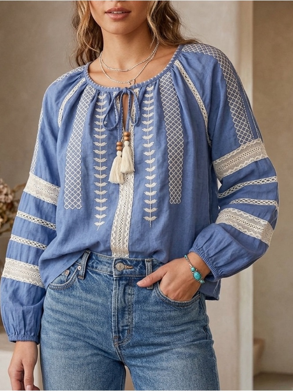 Artelier Nicole Miller Boho Embroidered Lace Peasant Blouse Top Blue❤️